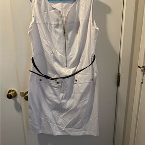 Sharagano White Mini Dress with Black Belt